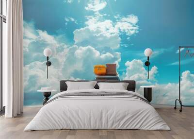 A vintage van drives down a road with luggage on the roof, under a bright blue sky with fluffy white clouds. Wall mural