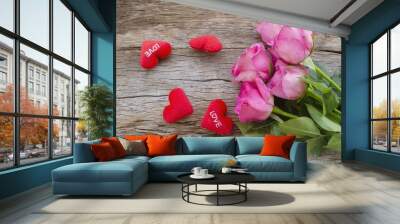 Roses and Red heart pillow on old wooden board, Valentines Day b Wall mural