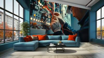 A technician examines the control panel, main system sensors, electromechanical drives, and power management systems Wall mural