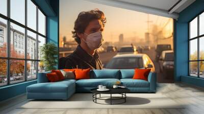 A young man wears an N95 mask to protect against PM 2.5 dust and air pollution. Behind there are cars passing by and there is a thin stream. Wall mural