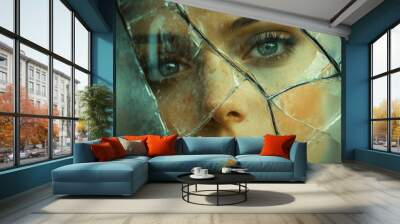 Artistic shot of a broken mirror reflecting fragments of a face Wall mural