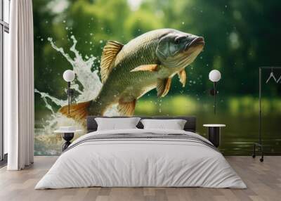 Bass fishing. Largemouth perch fish jumping with splashing in water Wall mural