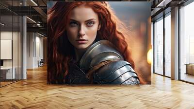 Beautiful female warrior in medieval metal armor with sword. Fairy tale stories about warriors, movie tone Wall mural