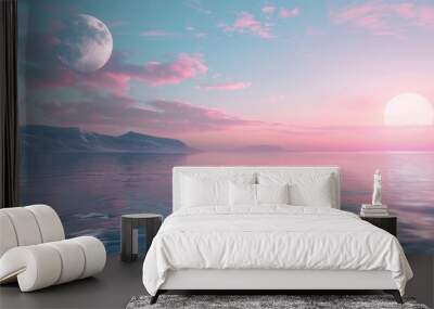 Blue sea and pink sky Saw a large moon in the distance. beauty of nature Wall mural