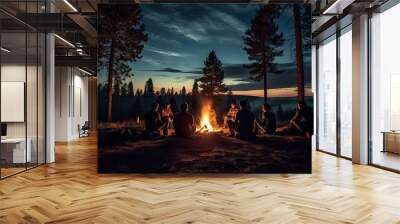 Camping in the pine forest Summer evening in the background sky with Milky Way stars. Wall mural