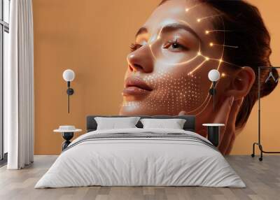 Creative trend collage of attractive woman touch neck artificial intelligence scanning face brown color background Wall mural