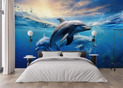 dolphins swimming in the blue ocean , Dolphins inhabiting Mikurajima in Tokyo Wall mural