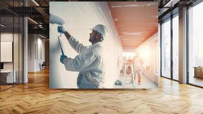 Engineer, construction painter working with paint roller on wall Wall mural