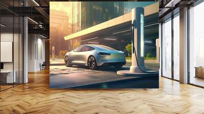 EV charging station for future electric cars in the concept of green energy and ecological energy Wall mural