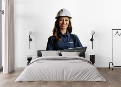 Female engineer manager in helmet smiling holding laptop Wall mural