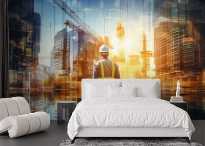 Future building construction project concept with double exposure graphic design. Construction engineer, architect or construction worker working with modern civil engineering equipment. Wall mural