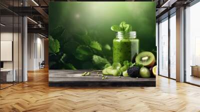 Glass bottle with green smoothie, kale leaves, lemon, apple, kiwi, grapes, banana, avocado, lettuce With space for text Wall mural