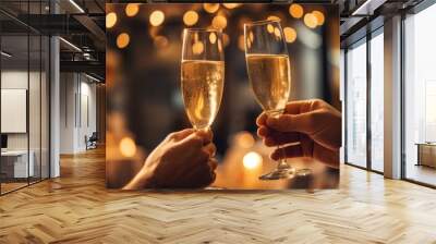 Glasses of champagne on bright background with bokeh effect Wall mural