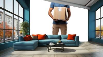 Male delivery man standing looking at camera, isolated, full body, transparent background. Wall mural