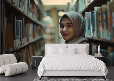 Muslim female student standing and smiling in the library Wall mural