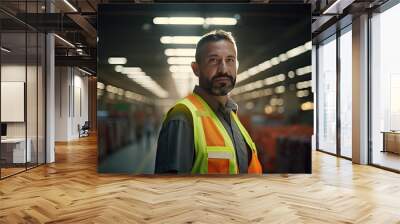 Sanitation workers working in recycling plants Employees wear reflective vests in industrial plants Wall mural