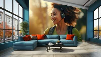 Smiling black woman in sports clothes running in a green park enjoying listening to music with wireless headphones close-up Wall mural