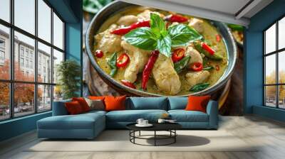 Top view of chicken green curry in bowl. Thai food Wall mural