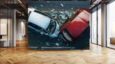 Two cars collide in an accident Top view, concept for insurance, 3D rendering Wall mural