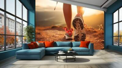 Woman's legs with sports shoes running on a mountain path Wall mural