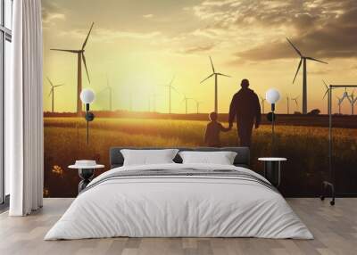 Young engineer man caring for his daughter and looking at the windmill field at sunset concept of renewable energy love nature family electricity green future Wall mural