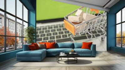 Selling or buying online,shopping online or e-commerce with paper box ,paper bag and credit card in shopping cart or trolley. Wall mural