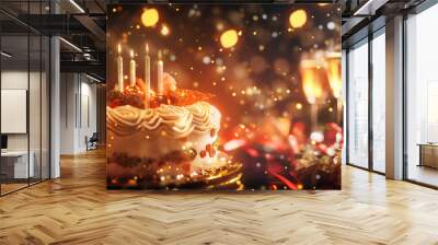 Celebrate with a beautiful gift box, sparkling golden balloons, and a festive curtain backdrop Wall mural