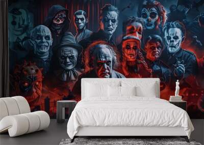 Graffiti art depicting a spooky Halloween scene with an evil woman’s face, a devil mask, and a scary skull, blending dark carnival themes with horror elements Wall mural