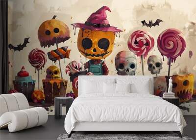 halloween spooky pumpkin vector illustration set with skull and bones for party design Wall mural