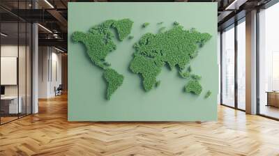 A green, environmental representation of the world map, created from small foliage, symbolizing nature and sustainability. Wall mural