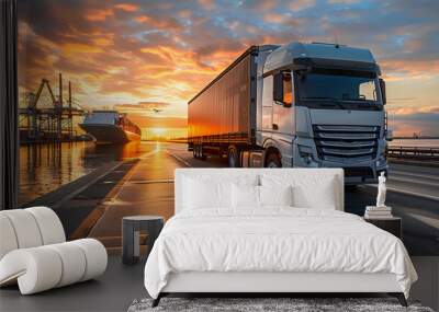 Container truck in ship port business logistics and transportation of container cargo ship and cargo plane with working crane bridge in shipyard at sunrise, logistic import export and transport. AI Wall mural