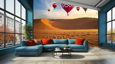 Hot air balloons in the desert at sunset background Wall mural