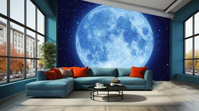 Full blue moon with star at dark night sky Wall mural