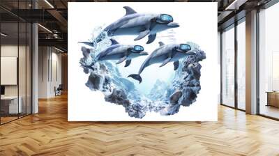 Three dolphins wearing goggles swimming in an ocean scene with rocky formations and clear blue water, showcasing underwater beauty. Wall mural