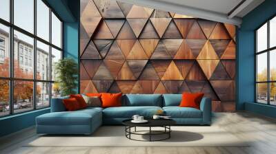 Abstract triangle background. Abstract parquet backdrop with connected triangle geometric texture and 3D wood background. Architecture and interior decoration concept. Wall mural