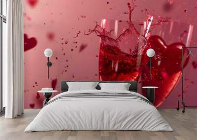 Happy celebration with two glasses of champagne or wine on pink background, decorated with small red hearts and water splashes, perfect for a romantic Valentine's Day or a special anniversary party. Wall mural