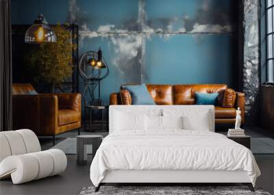 Modern-loft living room interior with leather sofa. Brown and blue colors Wall mural