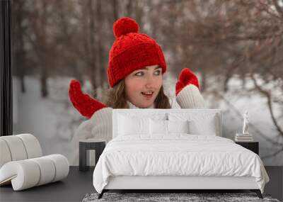 Portrait of happy beautiful young woman in knitted red hat and mittens and woolen sweater in winter park.Ladies knitwear Wall mural