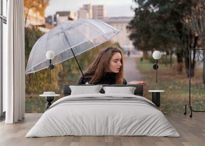 Portrait of young woman with long brown hair standing outside and holding umbrella. Girl with an umbrella on cloudy autumn day. Wall mural