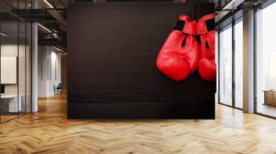 Two red boxing gloves hanging on a black background in the corner of the frame, place for text Wall mural