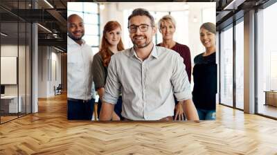 Portrait, leader and business man with group for coworking, cooperation and about us. Face, team diversity and happy manager with employees, staff or compliance officer in startup for collaboration Wall mural