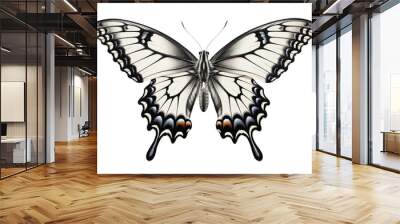 A beautiful black and white butterfly with yellow and orange markings on its wings. Wall mural