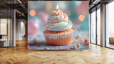 A delightful birthday cupcake with colorful frosting and a lit candle, placed on a party table with a bokeh background of balloons and streamers, capturing the festive atmosphere Wall mural