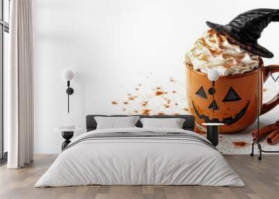 Halloween themed coffee served in a mug with a ghost face design, topped with whipped cream and decorated with a witch's hat sprinkled with cinnamon, space for text on the left. Wall mural