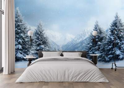 Heavy snowfall blanketing a mountain landscape, winter weather, cold and serene Wall mural