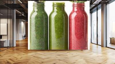 Smoothie jars filled with green, berry, and tropical blends, promoting plantbased diets and healthy eating, vibrant and refreshing, isolated background Wall mural