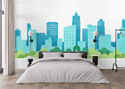 watercolor cityscape skyline building with trees Wall mural