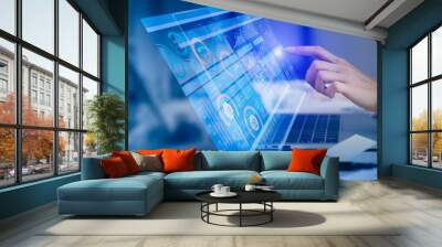 Business hand touching on laptop computer with big data technology and data interface science, Business analysing and artificial intelligence concept. Wall mural