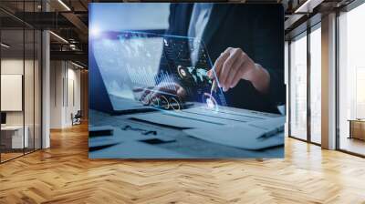 Business hands working with financial growth trend, Business digital marketing concept,  Wall mural