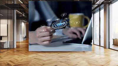 Businessman hands working on network and digital finance marketing chart with future technology innovation and digital transformation concept. Wall mural